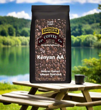 Kenyan AA coffee in a black bag with a brown coffee bean design, Ranger Coffee logo, and bold white lettering