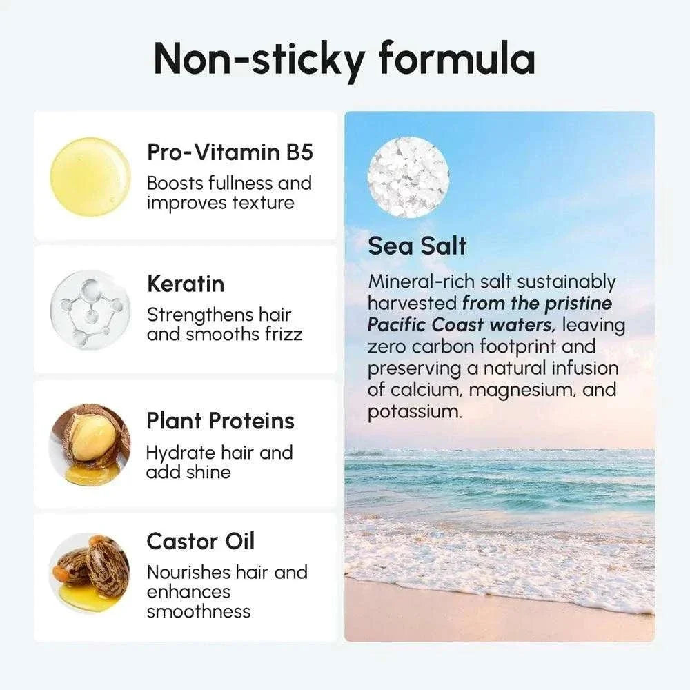 Keratin and sea salt hair texturizer bottle with beachy waves
