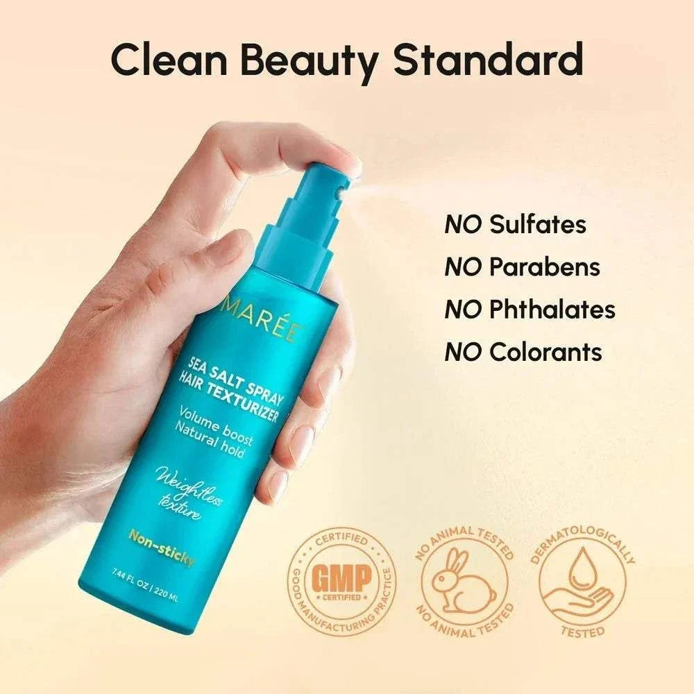 Keratin and sea salt hair texturizer bottle with beachy waves