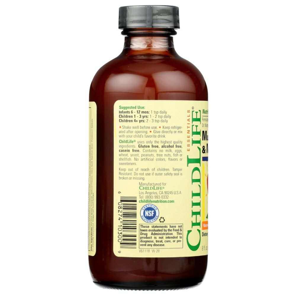 brown plastic bottle with black cap containing kids multi vitaminmineral with yellow and green label showing dosage instructions and ingredient information