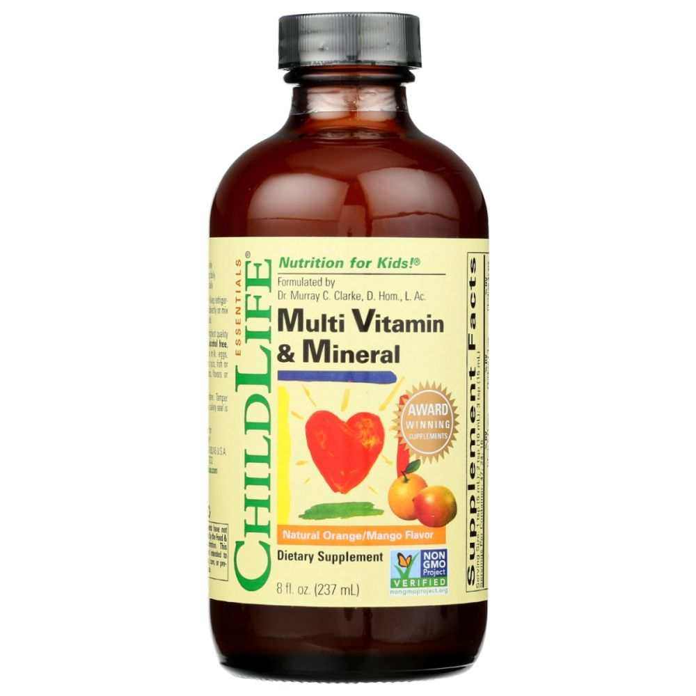 Brown glass bottle of ChildLife Essentials kids multi vitaminmineral with a cream label featuring orange and mango fruit illustrations and a silver cap.