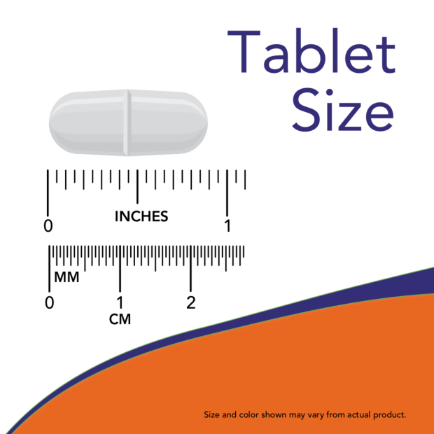 L-Lysine 1000mg tablet size chart featuring a grey oblong scored tablet with inch and centimeter rulers