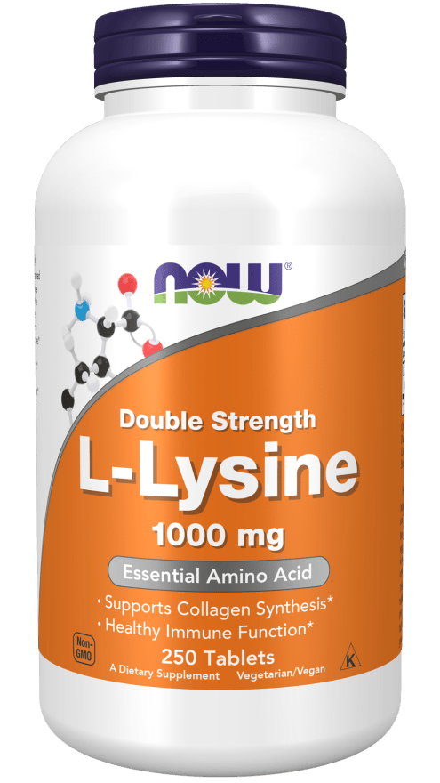 L-Lysine 1000mg supplement bottle in white with a purple cap and orange label, featuring 250 tablets