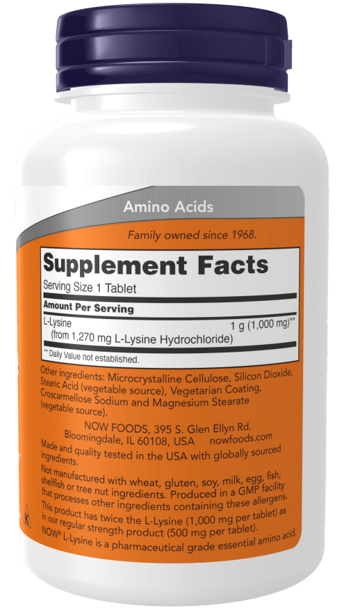 L-Lysine 1000mg white supplement bottle with a dark purple cap and orange label featuring Supplement Facts
