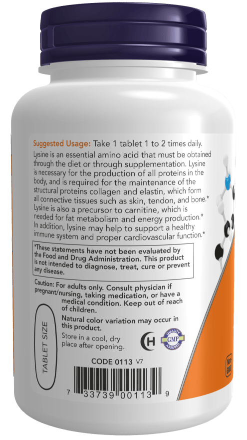 L-Lysine 1000mg white supplement bottle with a dark purple cap and orange label, showing vegan tablet details