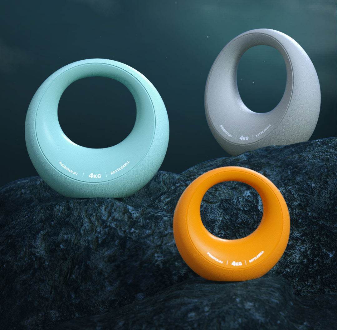 Ladies Fitness Dumbbell set in burning orange, dark gray, and azure with a round donut shape, 4kg each, made of ABS and iron