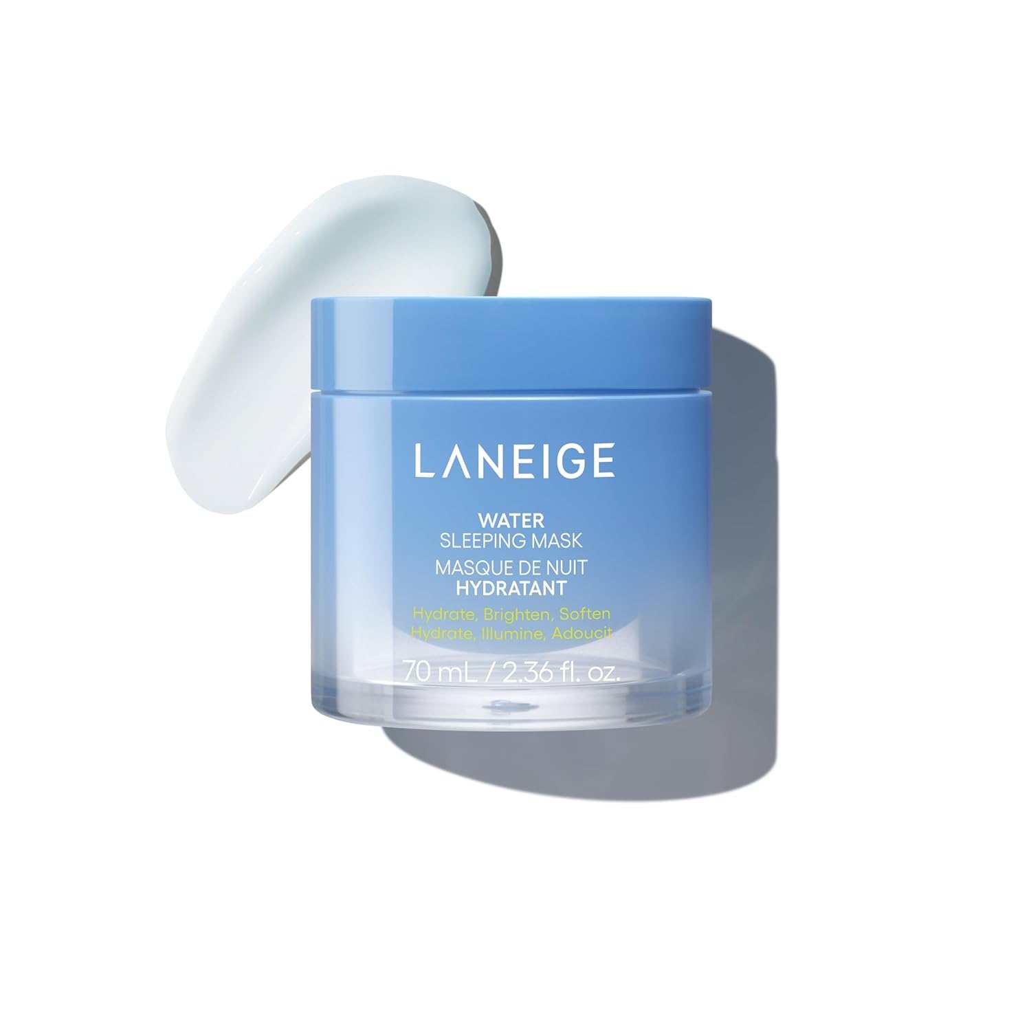 Laneige Water Sleeping Mask in a blue translucent jar with white text and a swatch of white gel texture
