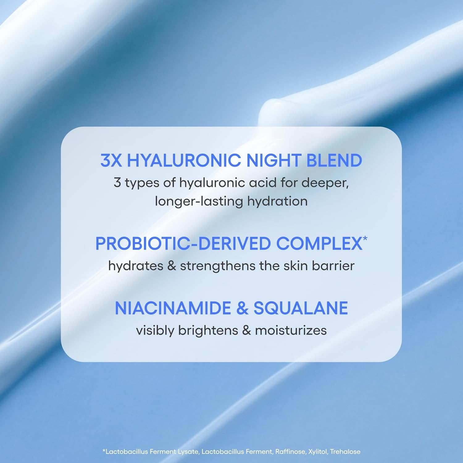 Laneige Water Sleeping Mask with text highlighting 3X Hyaluronic Night Blend, Probiotic-derived Complex, and Niacinamide & Squalane benefits on blue gel background
