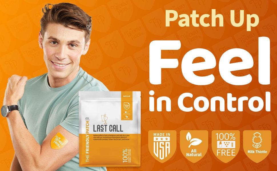 Last call Hangover Patches, orange adhesive recovery patches in a resealable pouch with milk thistle
