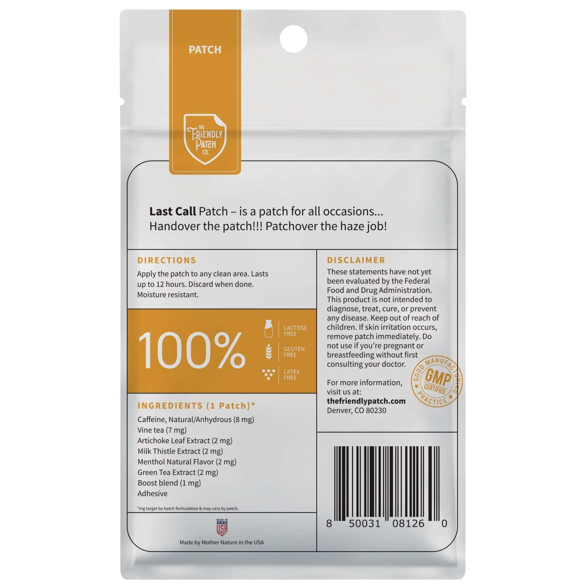 Last call Hangover Patches silver sachet with orange label, ingredient list, directions, and barcode packaging