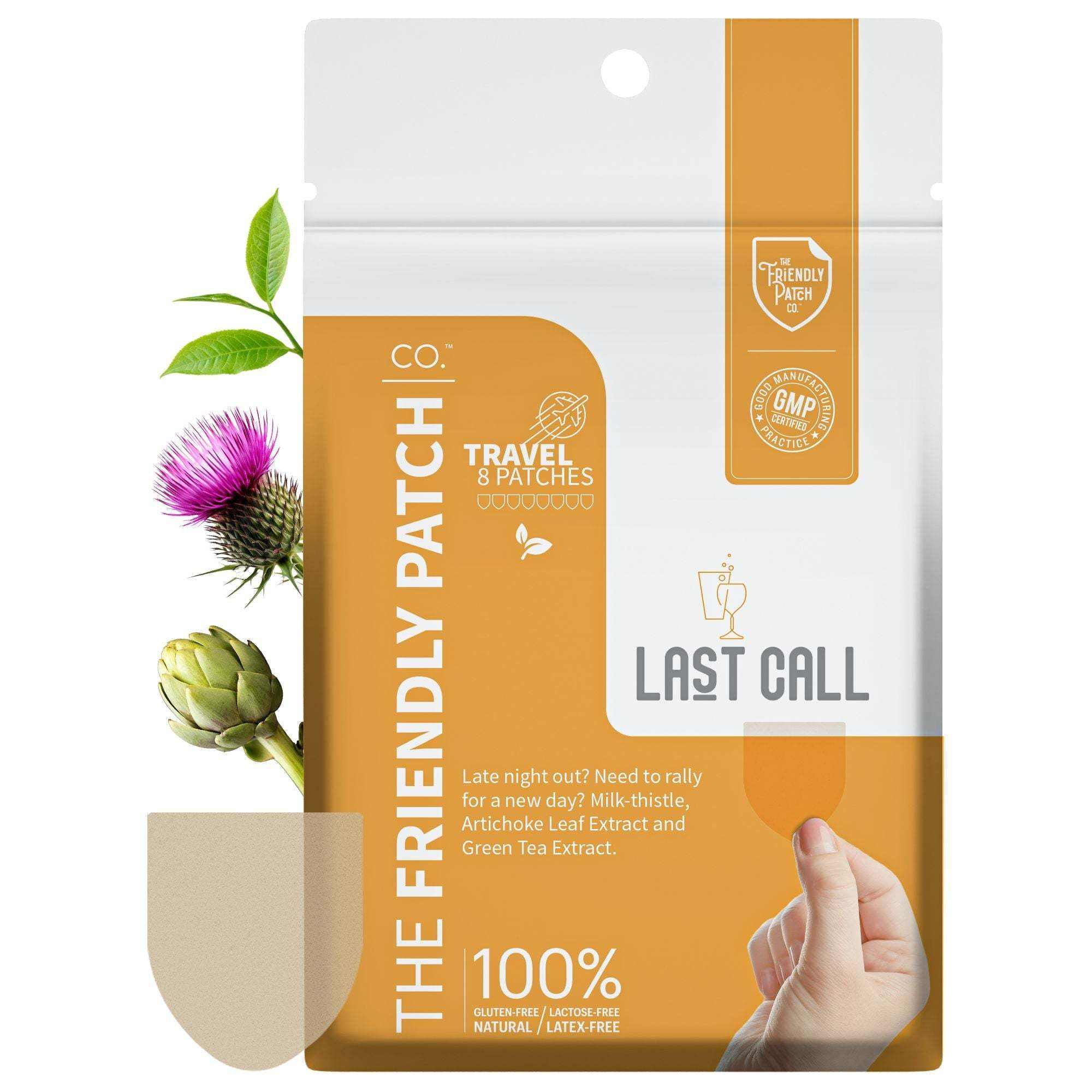 Last call Hangover Patches in orange and white pouch packaging, featuring botanical illustrations and a hand-applied patch 
