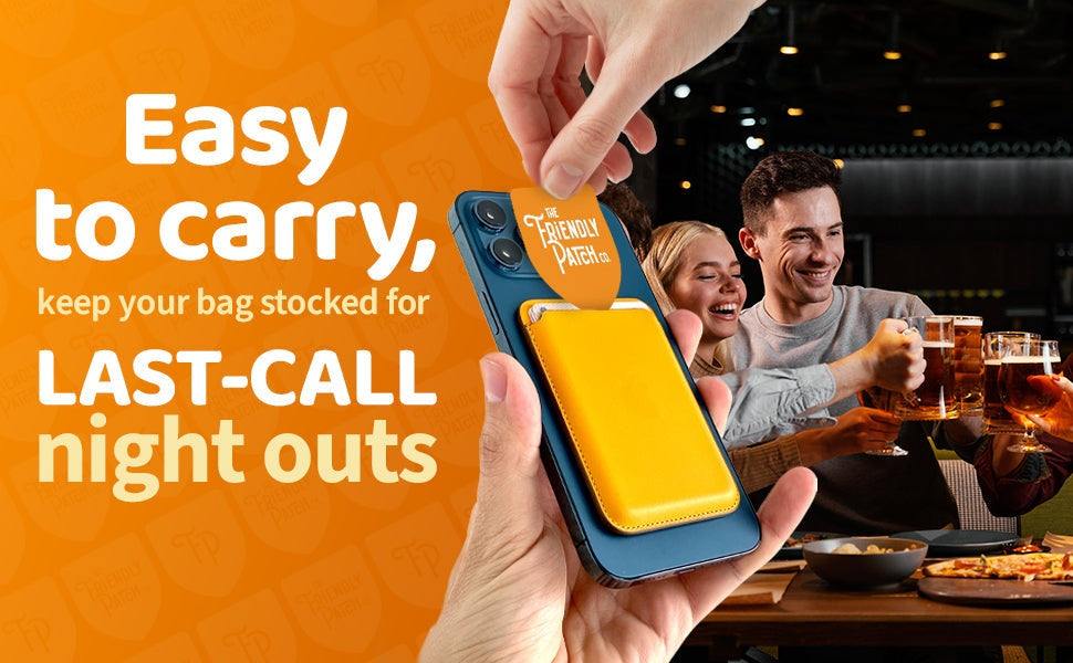 Last call Hangover Patches in orange packaging, shown attached to a smartphone case with an easy-carry pocketalized patch holder