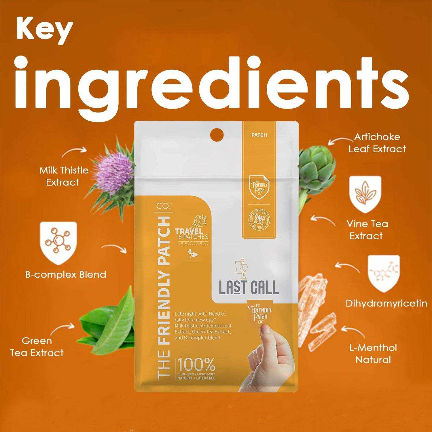 Last call Hangover Patches package, white and orange with ingredient illustrations and a hand-applied patch graphic