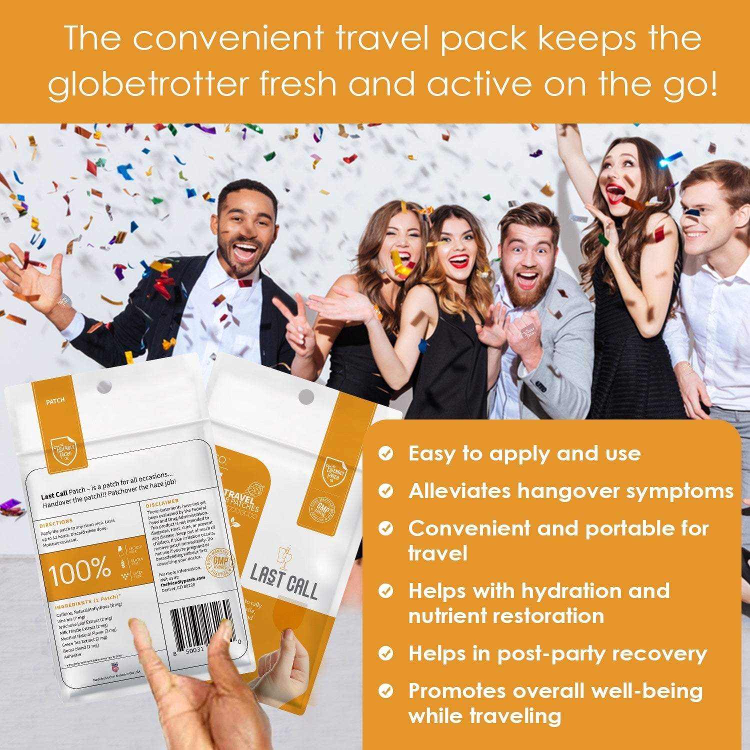Last call Hangover Patches, white adhesive recovery patches with orange packaging and printed labels, 8 pack