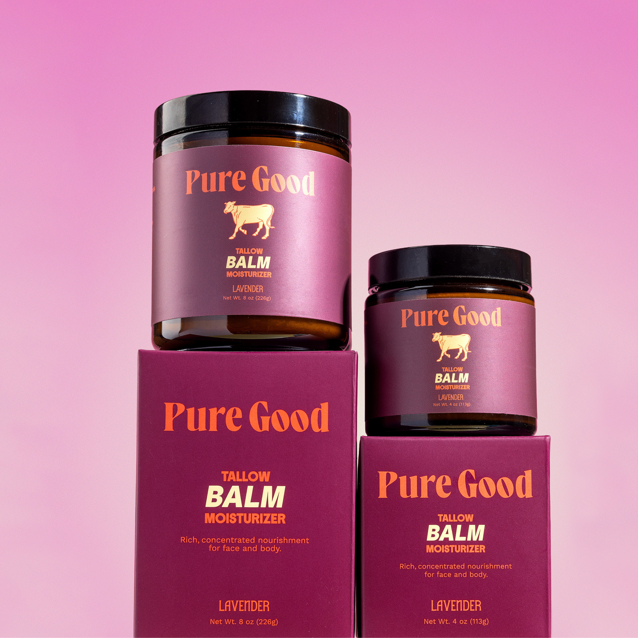 Lavender Tallow Balm in amber jars with black lids and burgundy labels, shown with matching product boxes