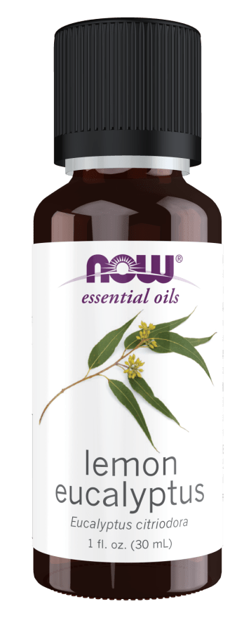 Lemon Eucalyptus Essential Oil bottle with a black cap and white label featuring a green eucalyptus branch illustration