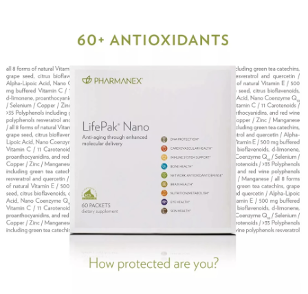 Lifepak® Nano antioxidant supplement box in pale grey and white, featuring a 60-packet supply and nutrient benefits