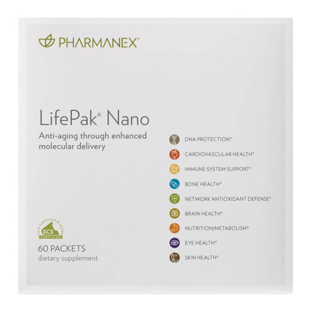 Lifepak® Nano anti-aging dietary supplement in a white 60-packet box with a multicolour list of health benefits