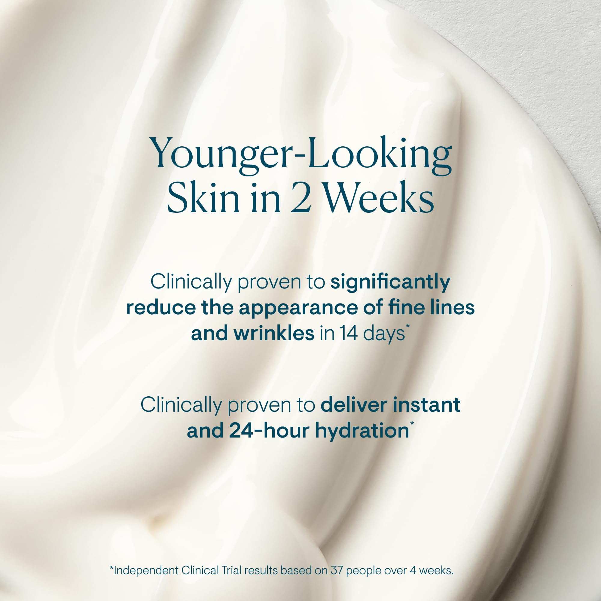 Lightweight anti-wrinkle daily facial moisturizer with creamy white texture and claims for smoother, hydrated skin