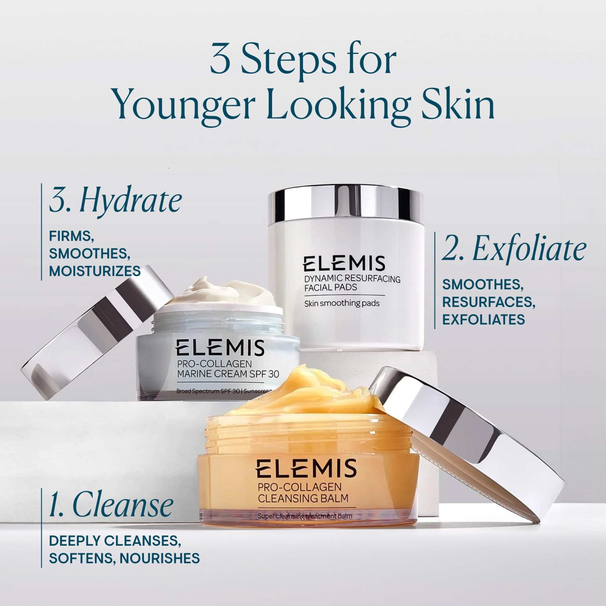 Lightweight anti-wrinkle daily facial moisturizer shown in ELEMIS Pro-Collagen Marine Cream SPF 30 jar within a three-step skincare routine