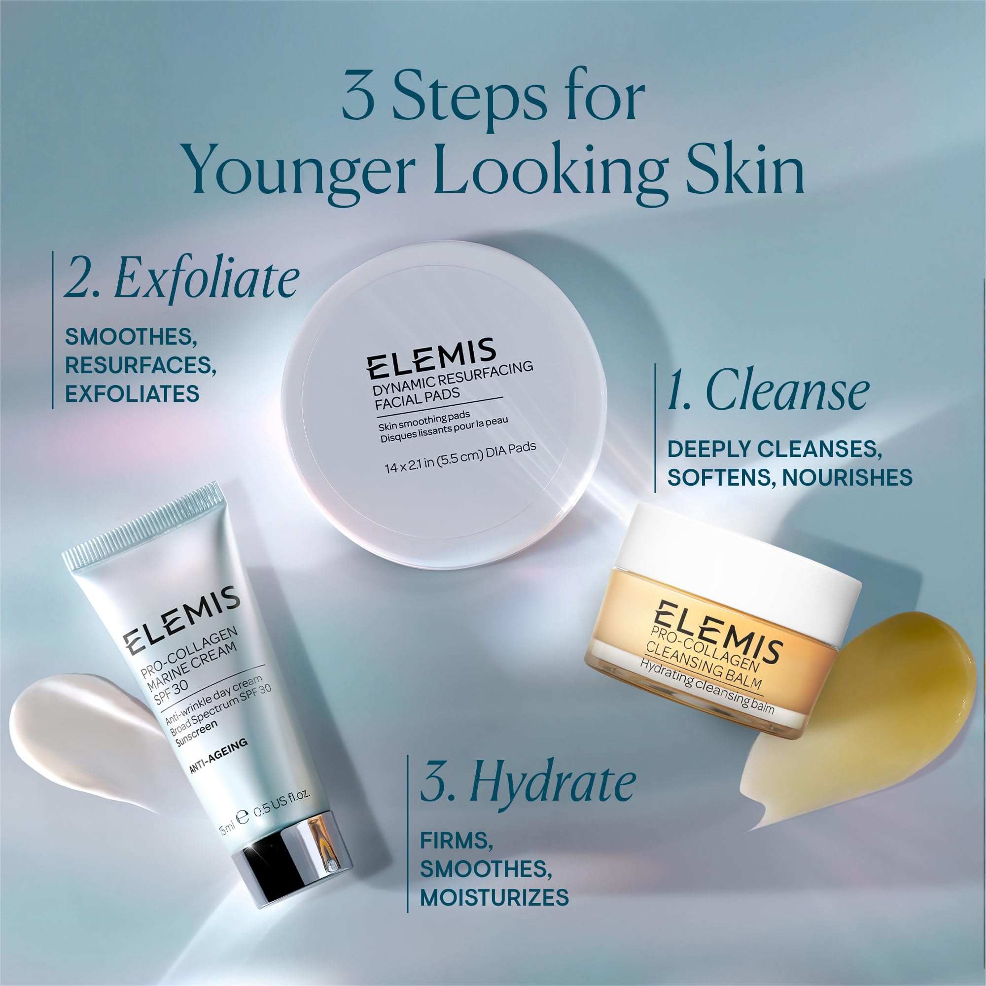 Skincare product set featuring ELEMIS cream tube, cleansing balm jar, facial pads and spoon; Lightweight anti-wrinkle daily facial moisturizer