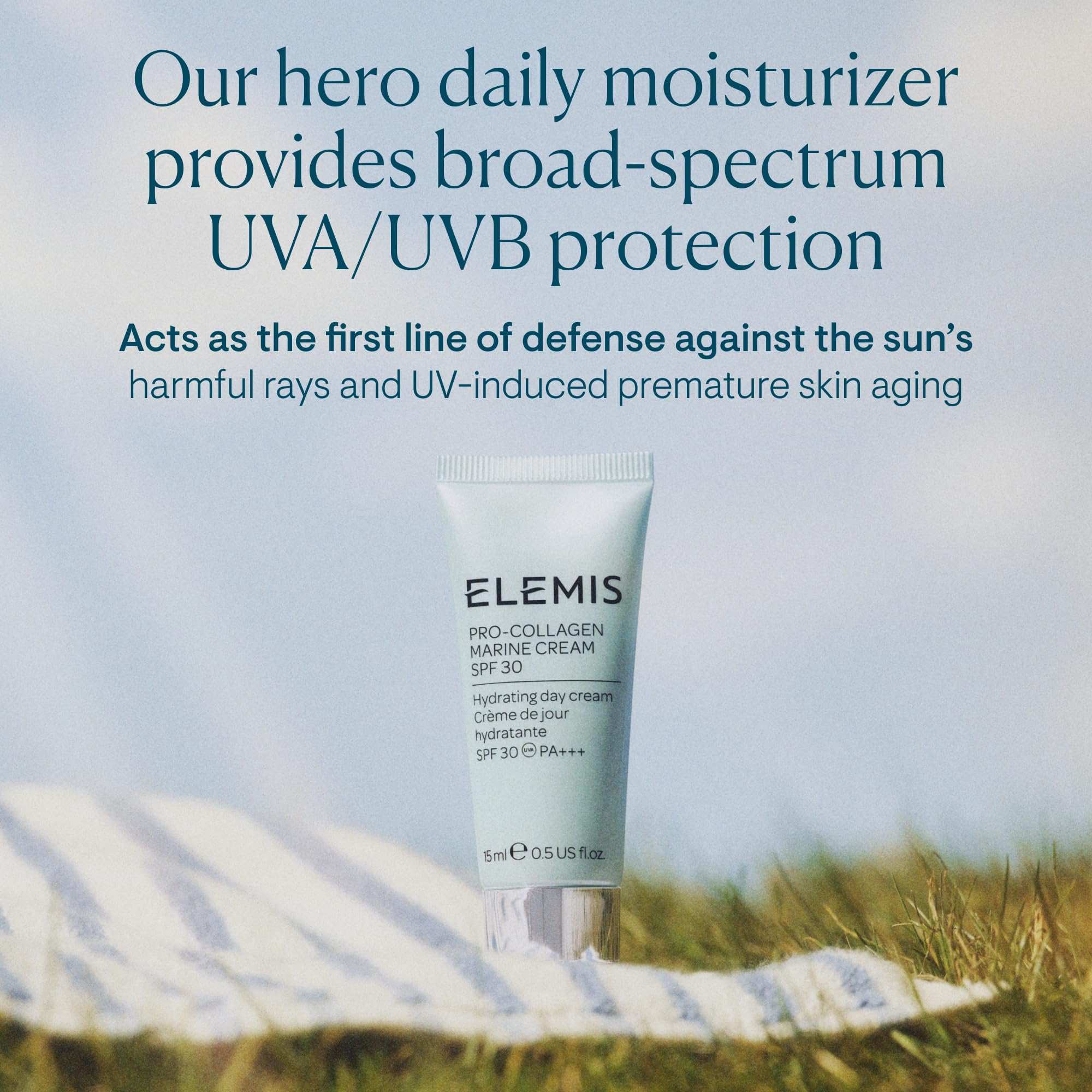 Lightweight anti-wrinkle daily facial moisturizer ELEMIS cream tube with SPF 30 and broad-spectrum UVA/UVB protection