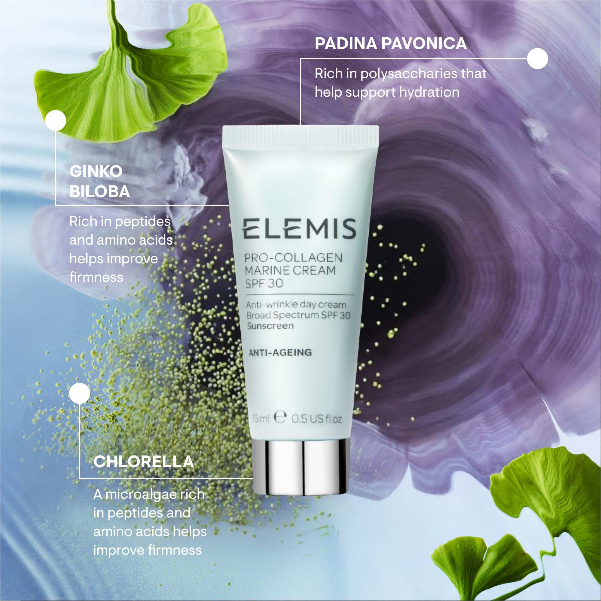 Lightweight anti-wrinkle daily facial moisturizer ELEMIS tube with SPF 30 and marine algae ingredients