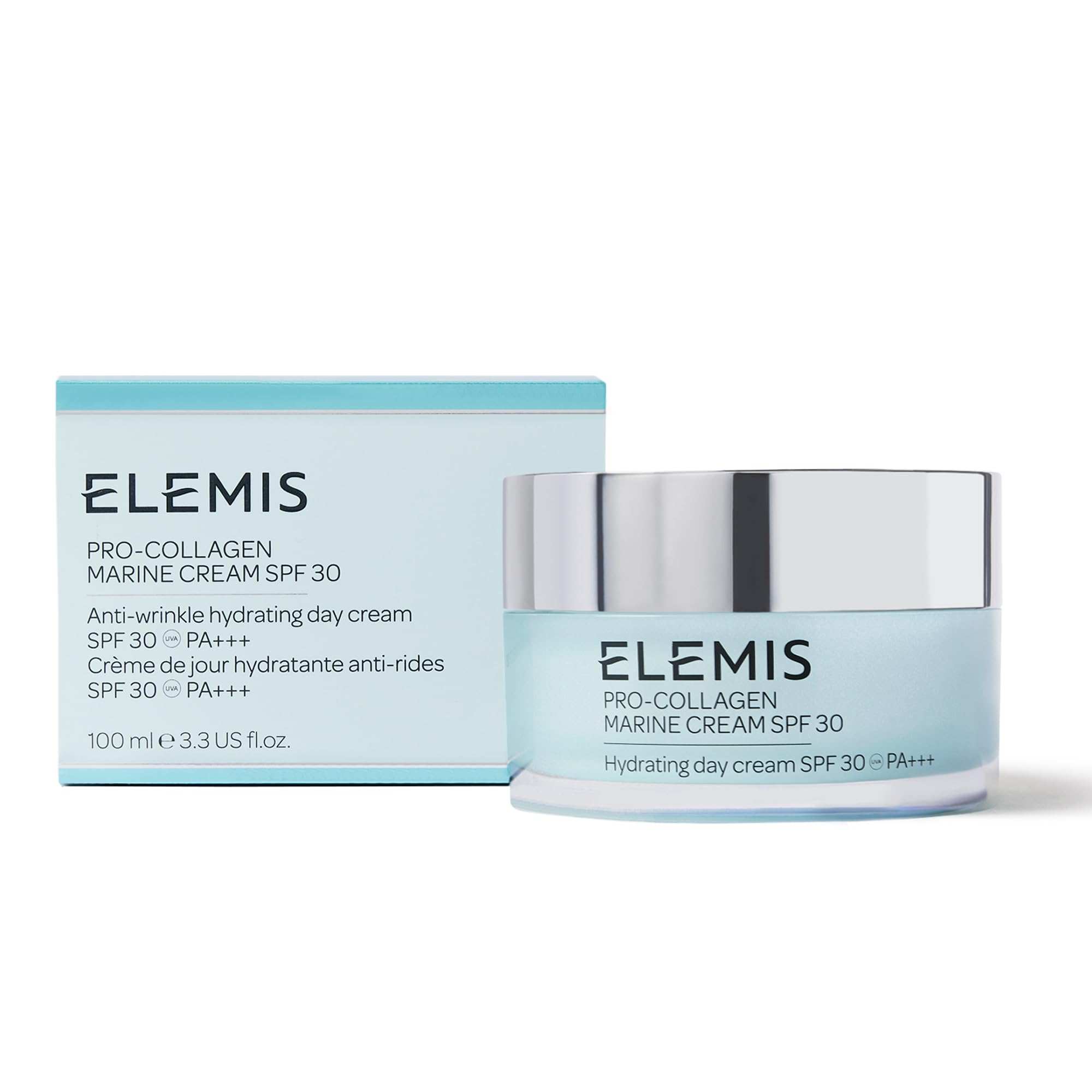 Facial moisturizer, pale blue glass jar and matching box with silver lid, SPF 30 and anti-wrinkle labeling; Lightweight anti-wrinkle daily facial moisturizer