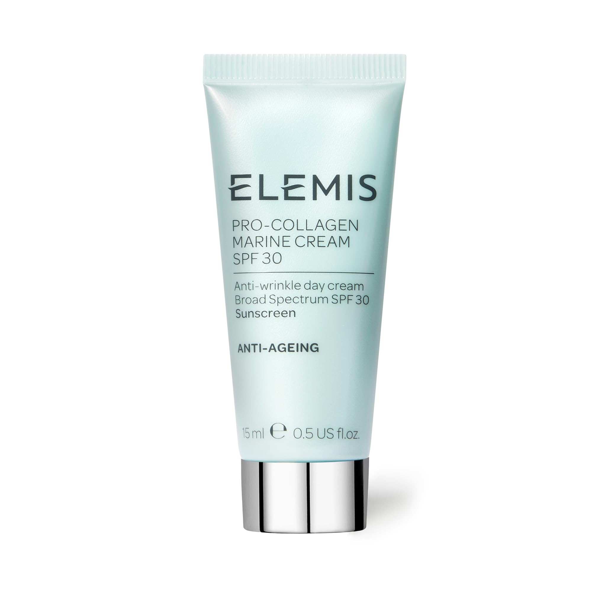Facial moisturizer tube, pale blue with metallic silver cap, labeled ELEMIS Pro-Collagen Marine Cream SPF 30; Lightweight anti-wrinkle daily facial moisturizer