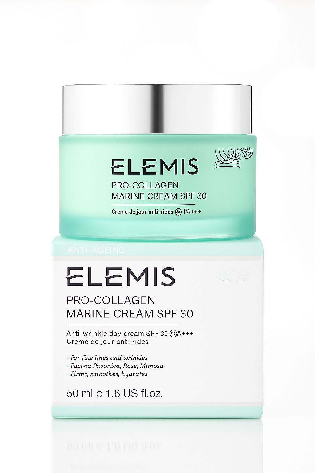 Facial moisturizer, mint-green gel cream in a silver-lidded ELEMIS jar and matching box with SPF 30. Lightweight anti-wrinkle daily facial moisturizer
