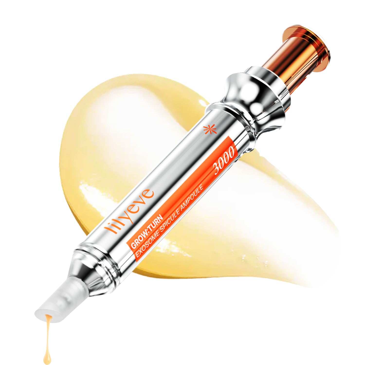 Lilyeve Grow Turn silver metallic scalp ampoule with orange accents and a pointed applicator tip