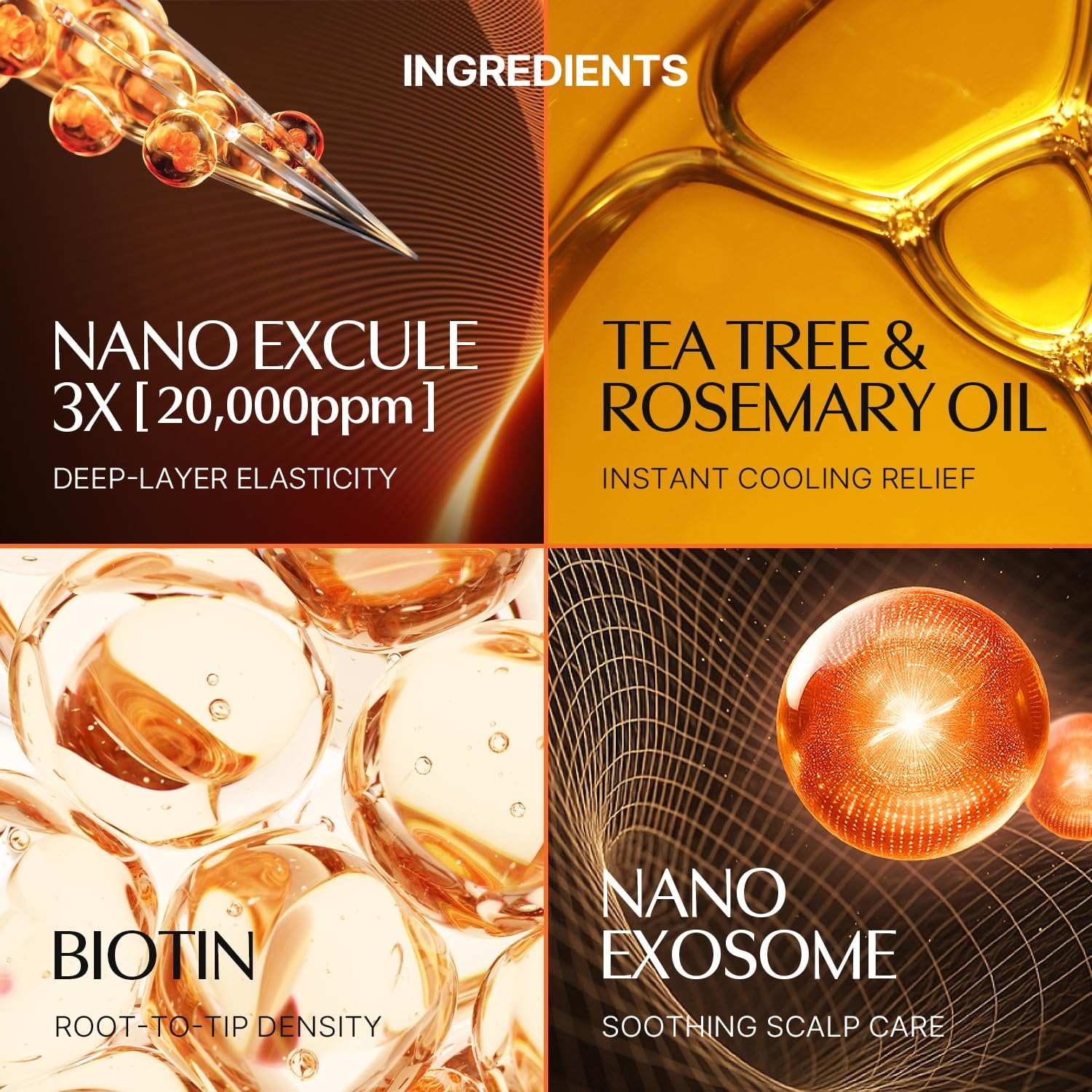 Scalp ampoule ingredient infographic for Lilyeve Grow Turn, featuring orange oil bubbles and nano exosome visuals
