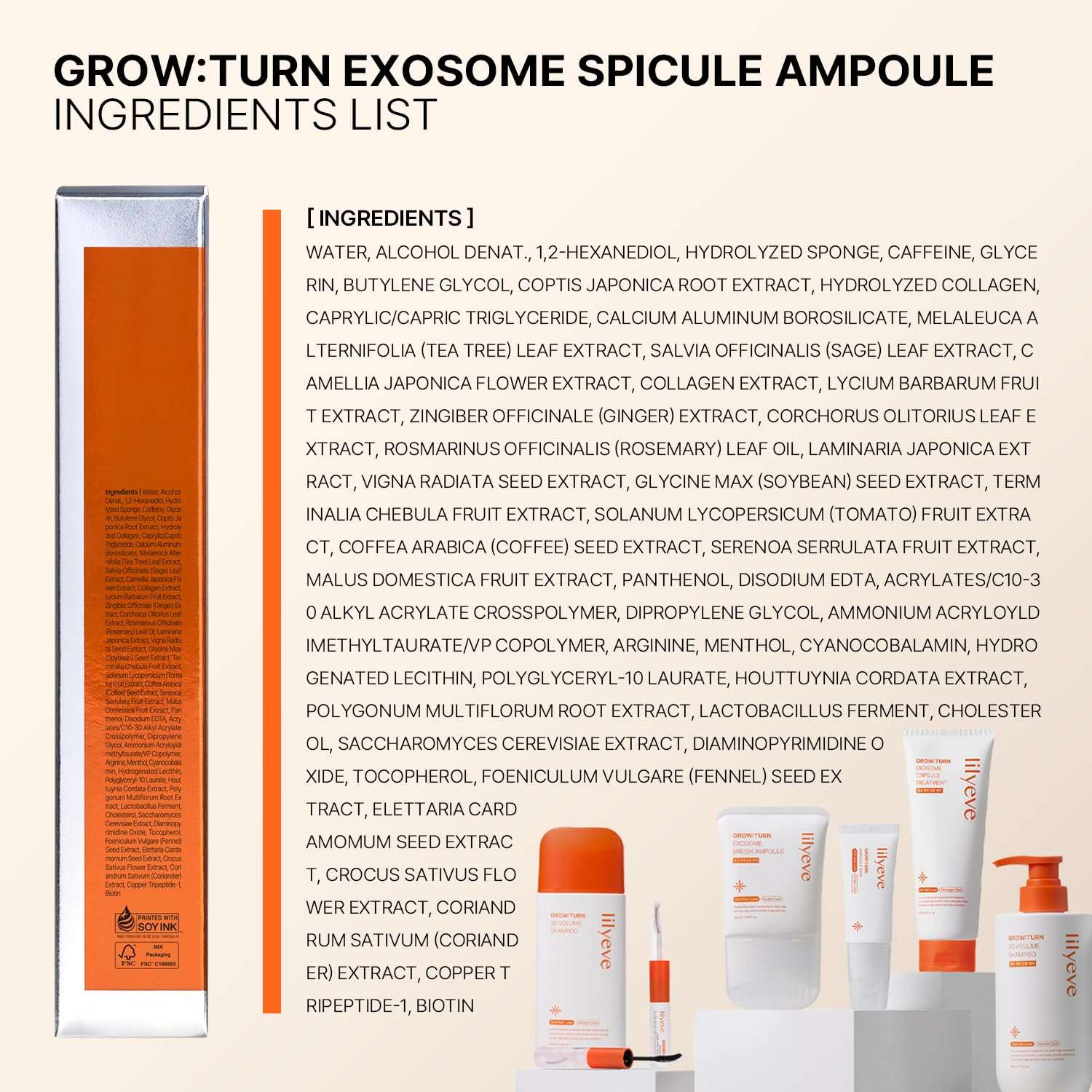 Lilyeve Grow Turn exosome spicule ampoule in orange and white packaging with pump applicator and silicone tip