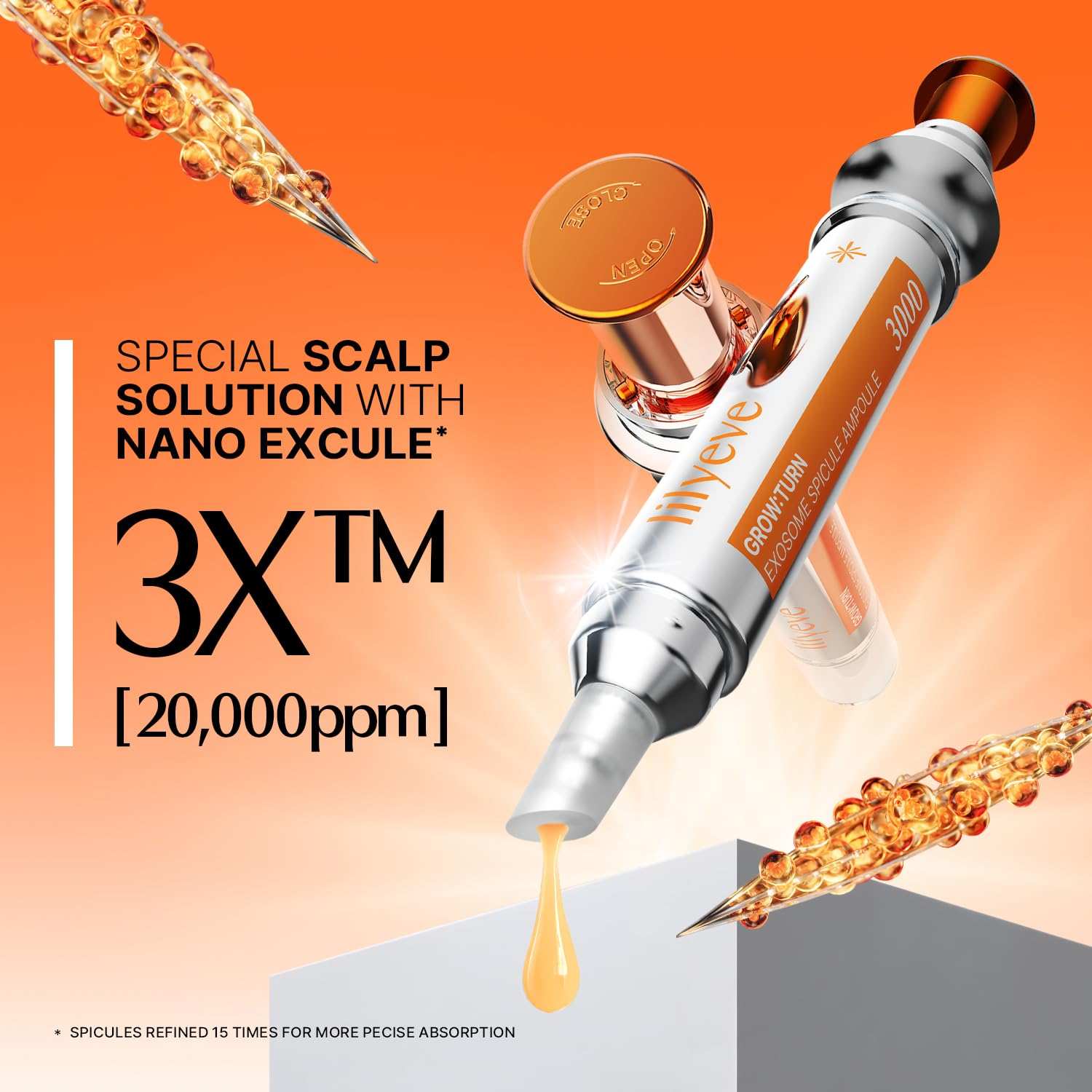 Lilyeve Grow Turn silver scalp ampoule with metallic dispenser, orange accents and spicule graphic detailing