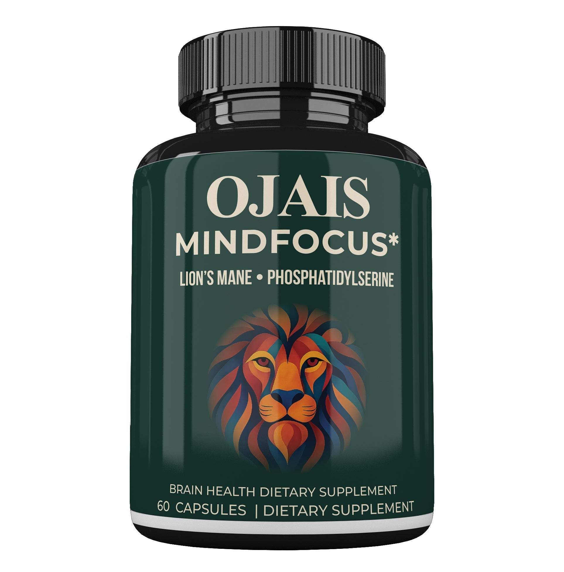 Dietary supplement bottle, dark green label with lion artwork and black ribbed cap, for Lion's Mane brain health.