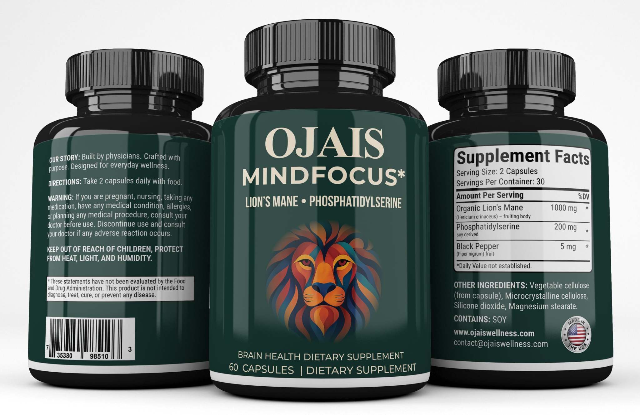 Dietary supplement bottle labeled OJAI'S Mindfocus, dark green with black cap and colorful lion illustration; Lion's Mane brain health formula.