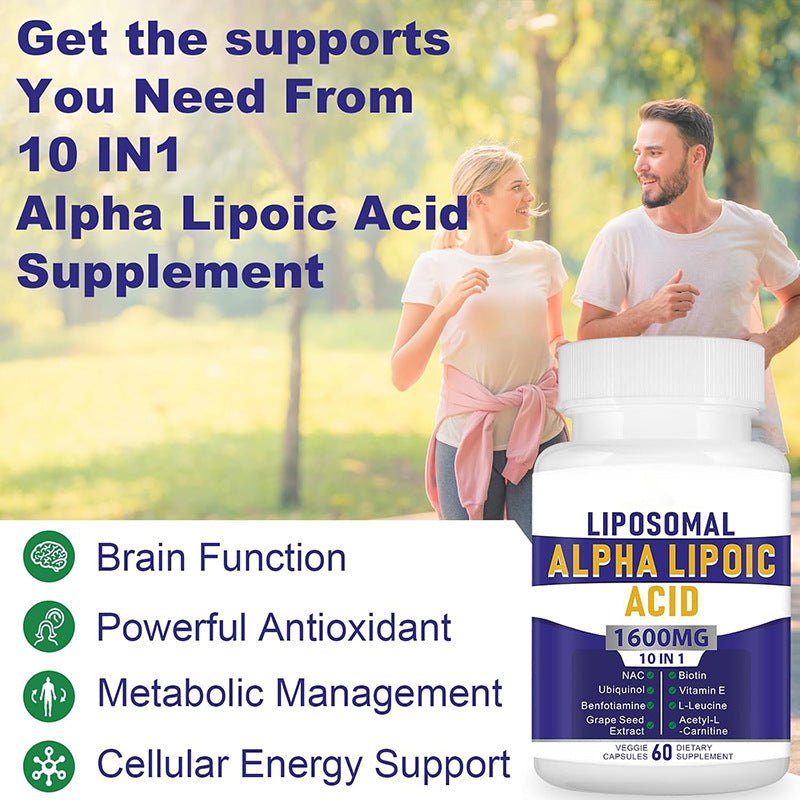 Liposomal Alpha-Lipoic Acid supplement bottle with a white cap, blue and white label, and 1600mg 10-in-1 formula