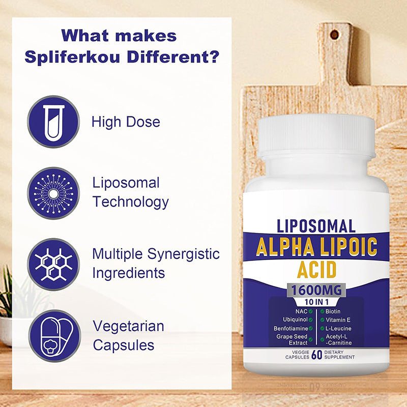 Liposomal Alpha-Lipoic Acid supplement bottle with a white cap, blue and yellow label, and vegetarian capsule details
