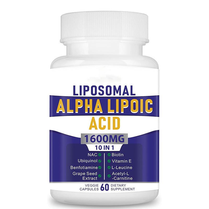 Liposomal Alpha-Lipoic Acid supplement in a white bottle with a blue and yellow label, 1600 mg, 10 in 1.