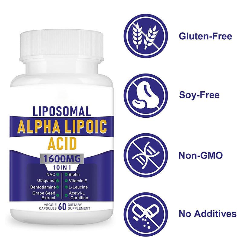 Liposomal Alpha-Lipoic Acid supplement in a white bottle with purple and gold label, 1600 mg, 60 capsules