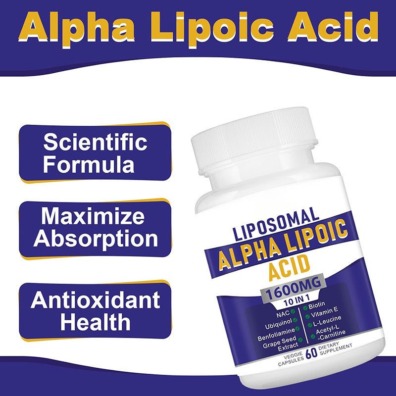 Liposomal Alpha-Lipoic Acid supplement in a white bottle, with purple and yellow label and 1600 mg formula