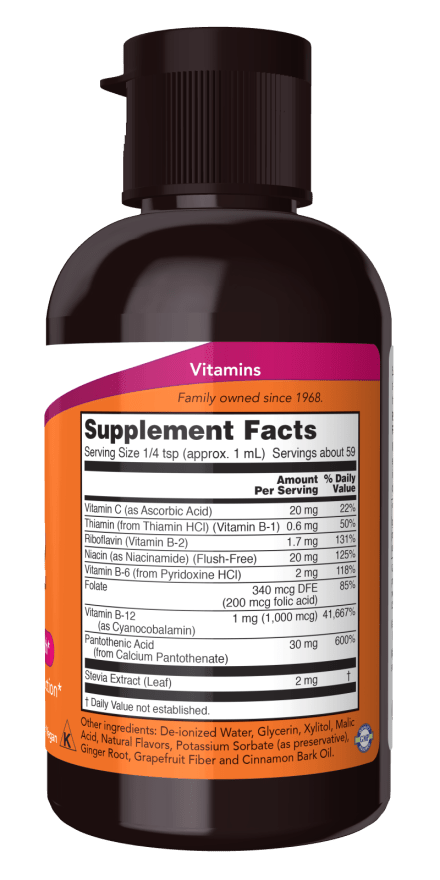 dark brown plastic bottle of liquid b 12 vitamin supplement with detailed supplement facts label and pink-white-orange branding