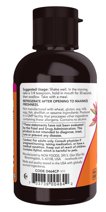 B-12 liquid b complex supplement in a dark brown plastic bottle with black flip cap and white label with usage instructions