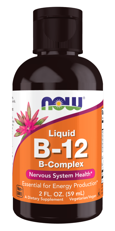 Liquid B 12 supplement in a brown plastic bottle with orange label displaying NOW brand and B-Complex details