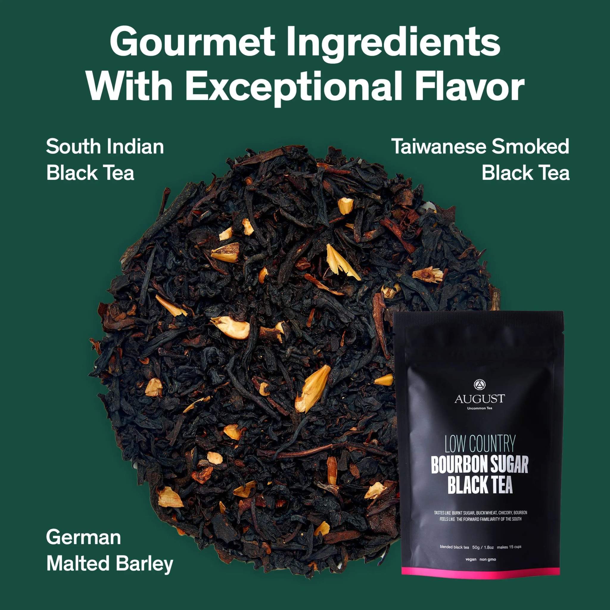 Low Country Black Tea in a black pouch, featuring loose dark leaves, orange peel pieces and malted barley
