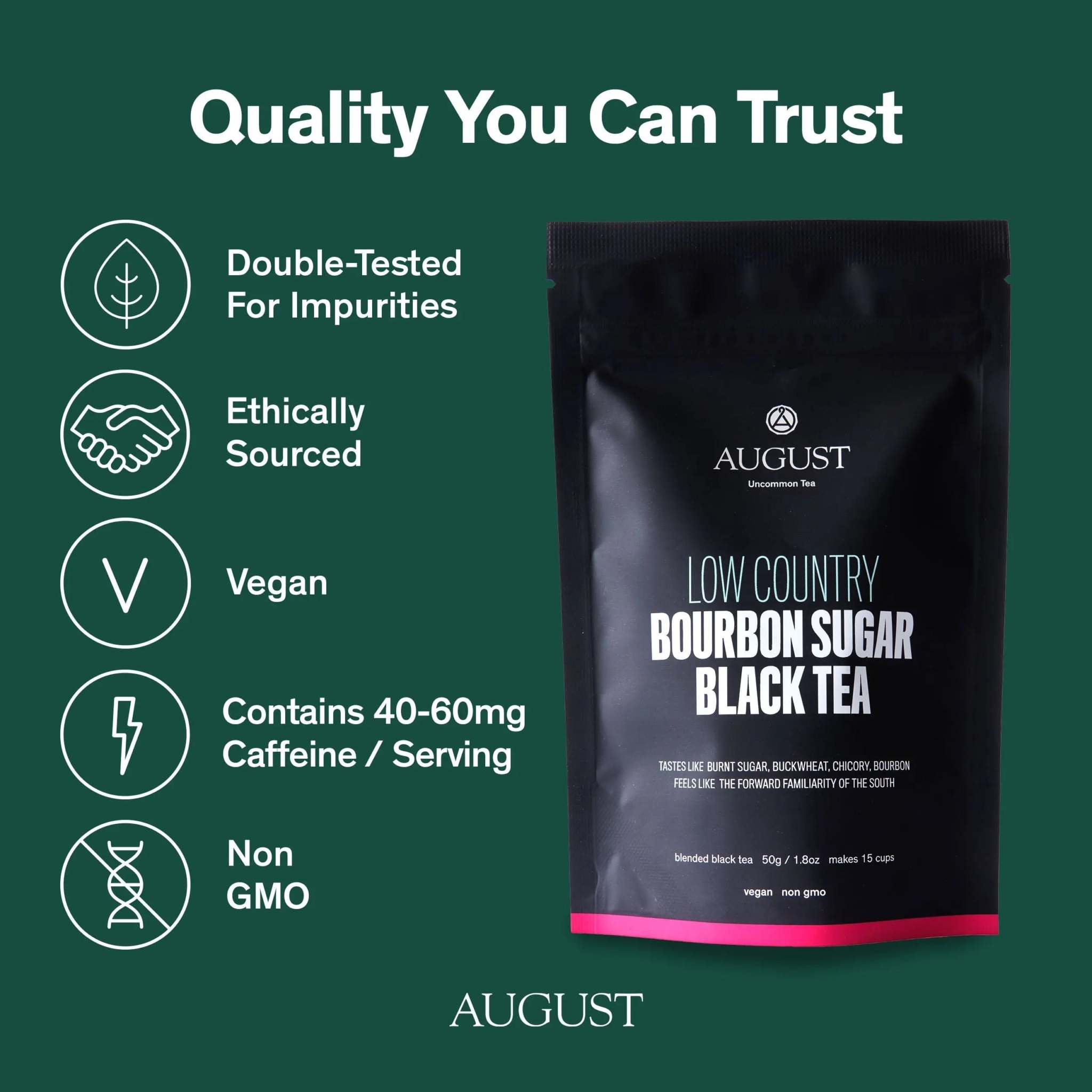 Low Country Black Tea in a black stand-up pouch, featuring bold bourbon sugar branding and pink trim