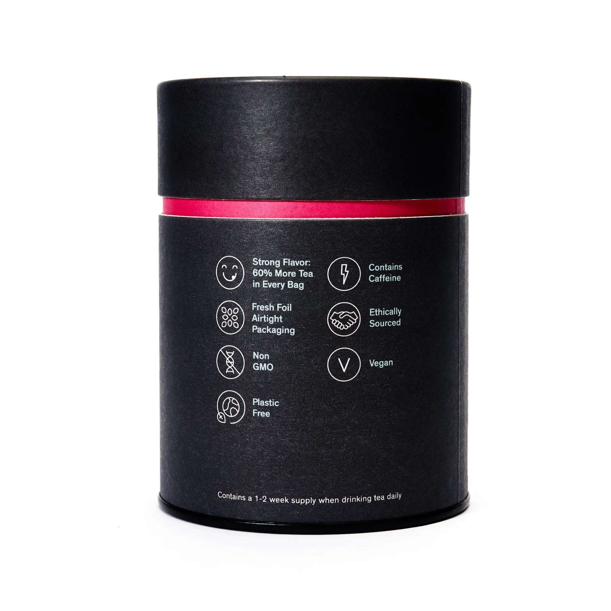 Low Country tea canister with a matte black cylindrical body, bright red band, and white product and sustainability icons
