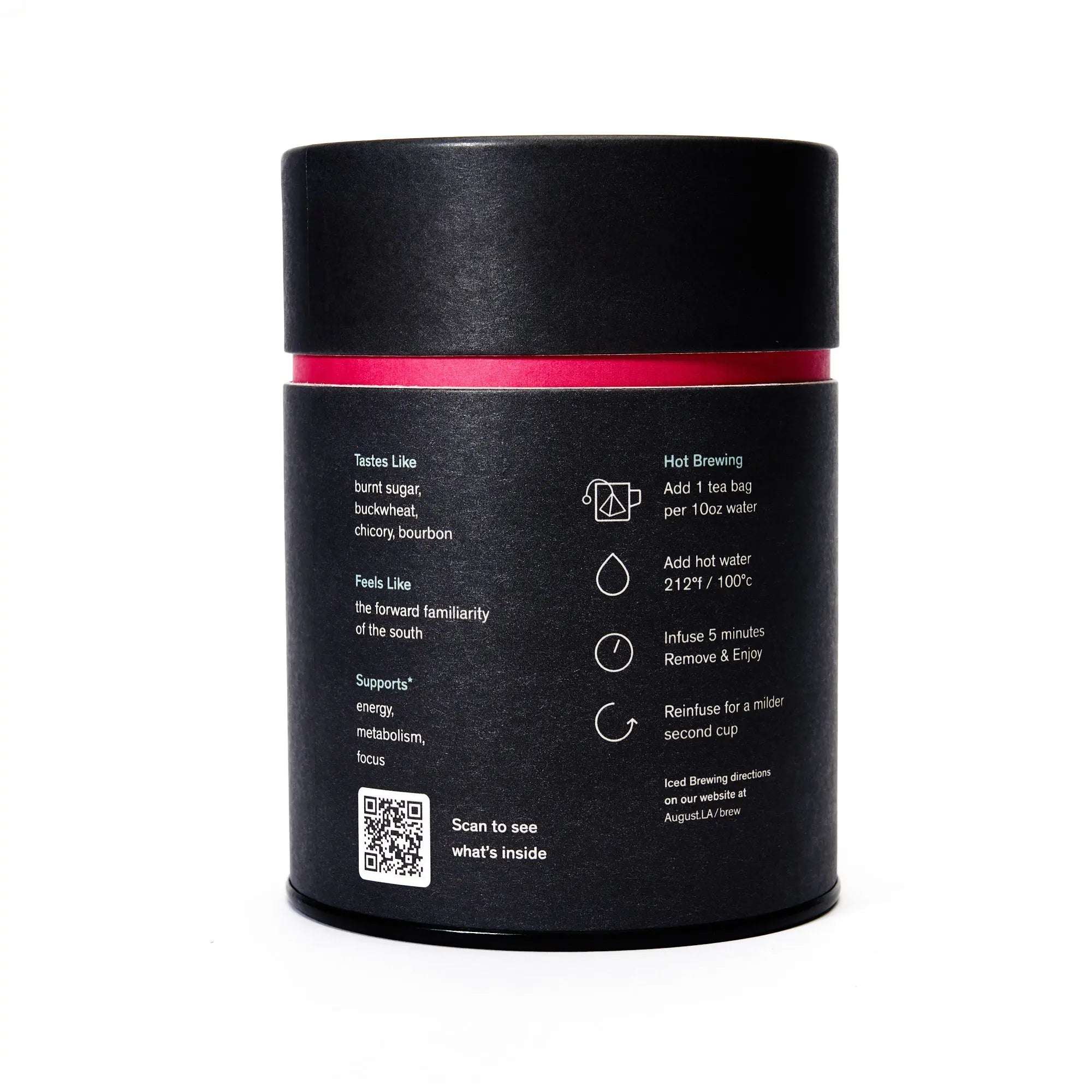 Low Country tea in a black cylindrical tin with a red band, featuring white tasting notes and brewing instructions
