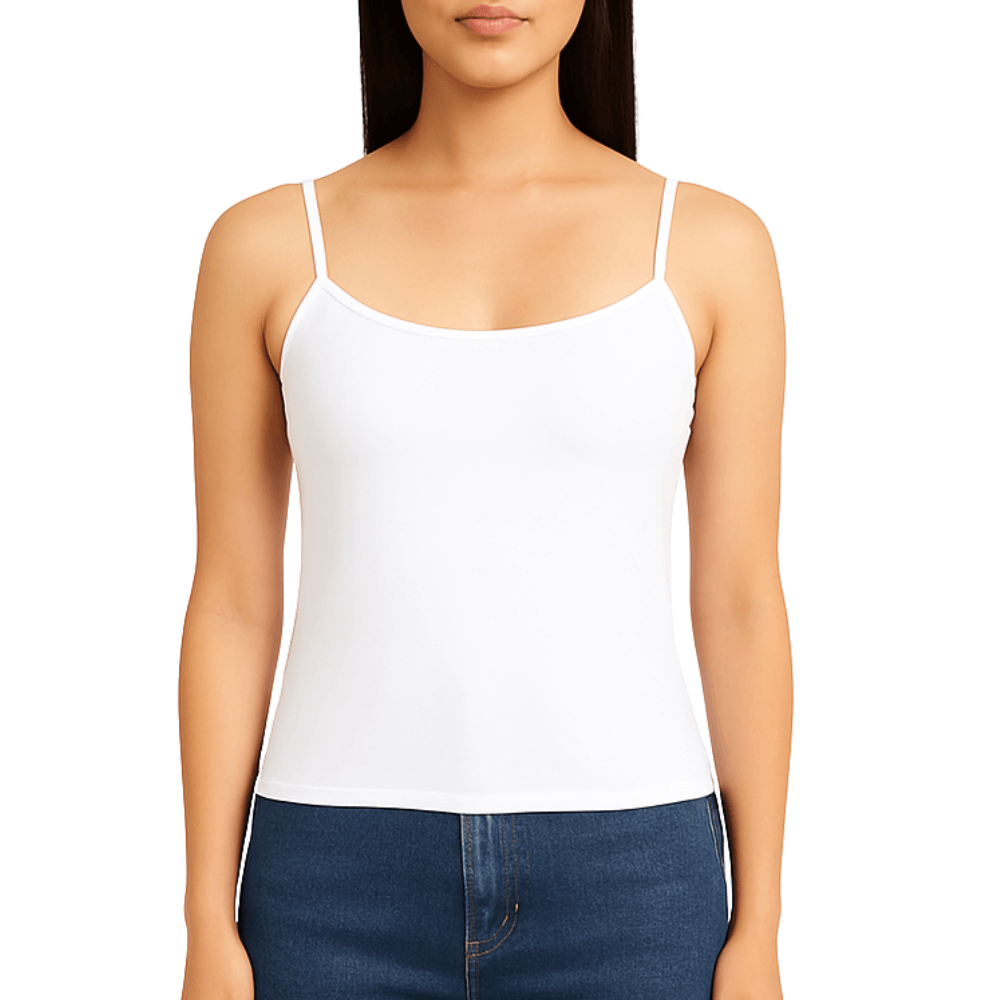 Luna - Cotton Cami in white cotton with a smooth finish, thin adjustable straps and a scoop neckline