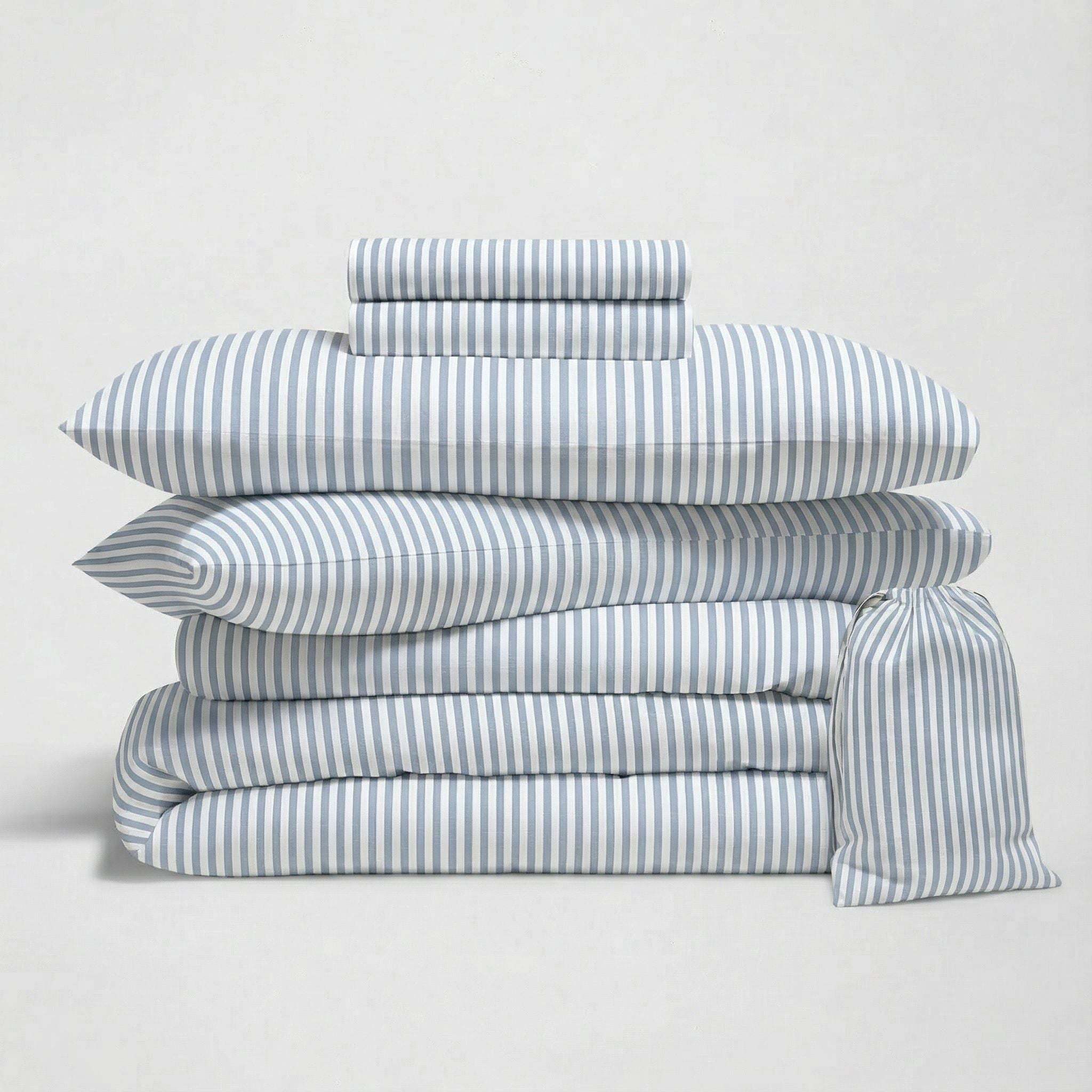 Luxe Australian Sateen Bedding bundle in blue and white fine stripes, with neatly folded cotton sheets and pillowcases